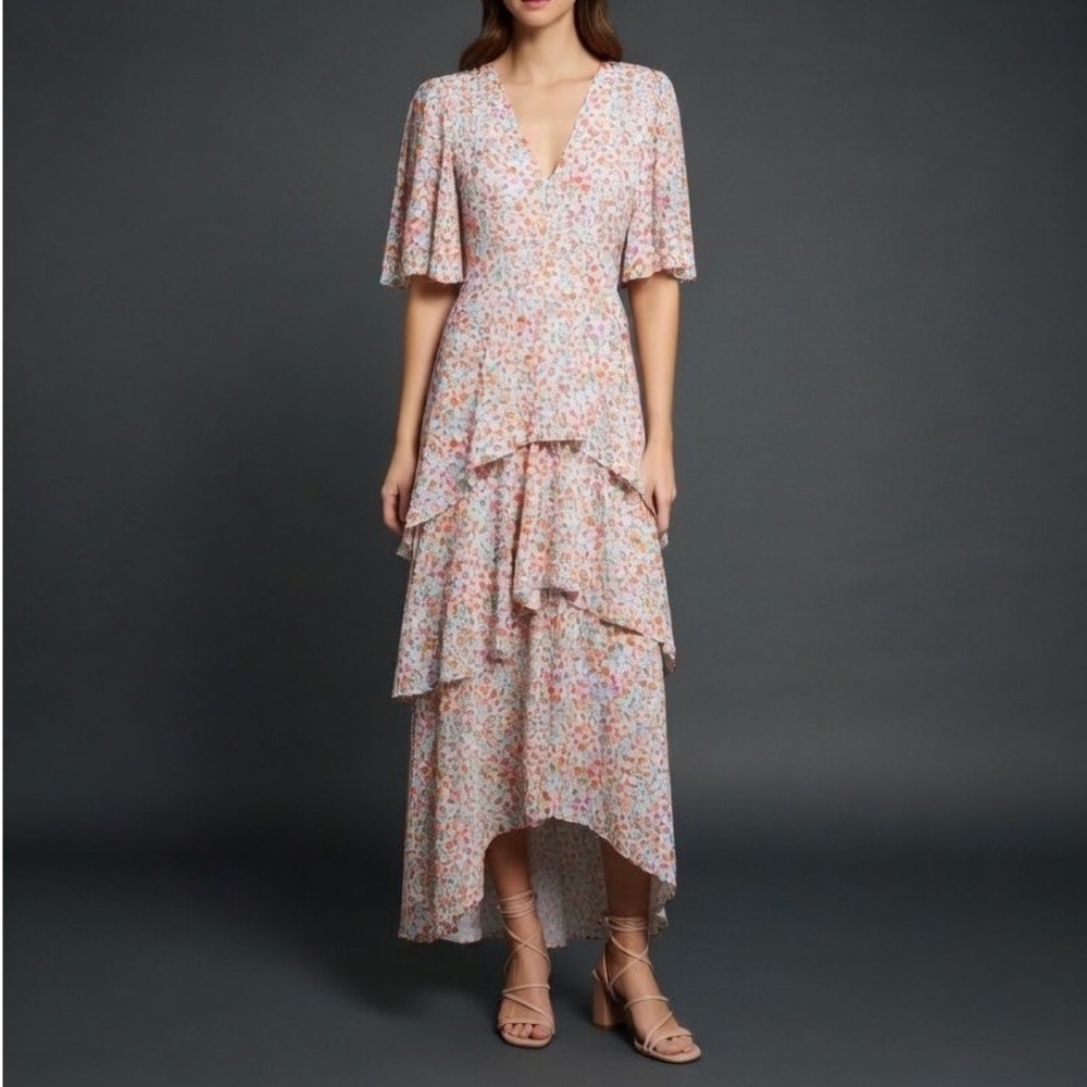 Fourteenth Place Womens Floral Tiered High Low Maxi‎ Dress Smocked Waist Small